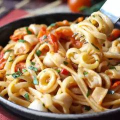 Un primo piatto invitante: pasta con calamari, pomodorini e prezzemolo fresco. Un boccone di mare su un piatto di pasta.