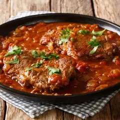 Carne alla pizzaiola morbida in un piatto scuro, con pomodoro e prezzemolo fresco.