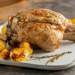 Stinco di maiale arrosto, dorato e succulento, servito con patate novelle croccanti e rametti di rosmarino su un piatto bianco.