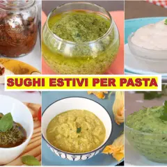 Sei vasetti pieni di freschi condimenti per pasta, tra cui pesto e sughi rossi, pronti per insaporire i tuoi piatti estivi.