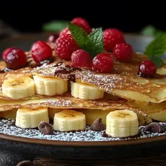 Deliziose crepes dolci con banane, lamponi, scaglie di cioccolato e zucchero a velo. Una ricetta perfetta per una colazione speciale.