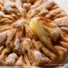 Una deliziosa torta di mele, con fette di mela disposte a raggiera e spolverata di zucchero a velo.