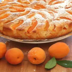 Deliziosa torta di albicocche cosparsa di zucchero a velo, con albicocche fresche sul tavolo.