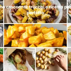 Collage di diverse preparazioni di patate al forno croccanti: patate duchessa, patate con pancetta, patate gratinate e chips.