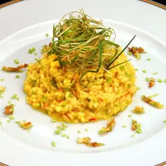 Risotto giallo intenso con fiori di zucca e zafferano, guarnito con erbe croccanti.