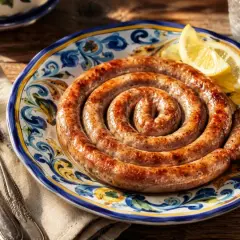 Salsiccia in padella, arrotolata su un piatto decorato, con spicchi di limone.