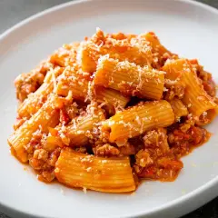 Un piatto di pasta alla zozzona, con rigatoni conditi con un ricco ragù di carne e abbondante parmigiano grattugiato.