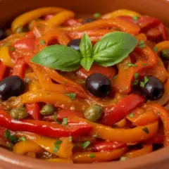 Peperonata ricetta della nonna: un piatto colorato con peperoni, olive nere, capperi e basilico, servito in una ciotola di terracotta.