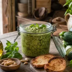 Pesto di zucchine crude in un barattolo, con zucchine fresche, basilico, mandorle, olio d'oliva e crostini.