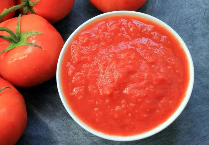Una ciotola di passata di pomodoro, con pomodori freschi sullo sfondo.