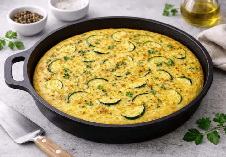 Frittata al forno semplice con zucchine e prezzemolo, pronta per essere gustata.