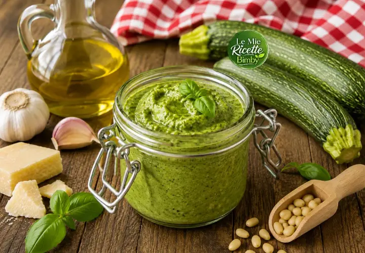 Pesto di zucchine Bimby pronto in un barattolo, con ingredienti freschi come zucchine, basilico, aglio, parmigiano e pinoli.