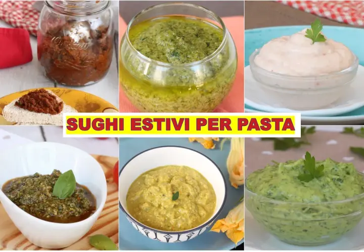 Sei vasetti pieni di freschi condimenti per pasta, tra cui pesto e sughi rossi, pronti per insaporire i tuoi piatti estivi.