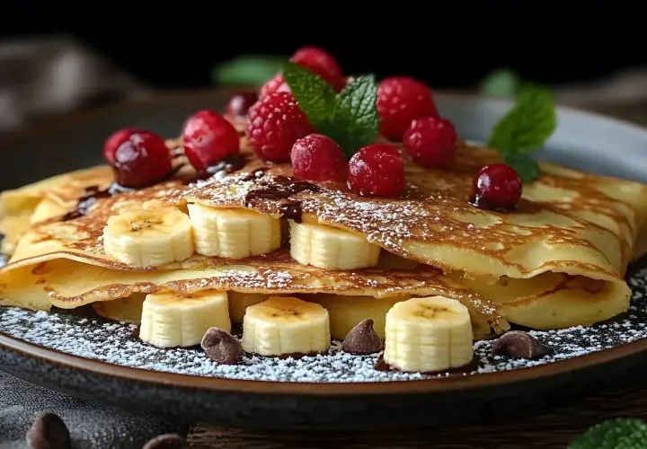 Deliziose crepes dolci con banane, lamponi, scaglie di cioccolato e zucchero a velo. Una ricetta perfetta per una colazione speciale.