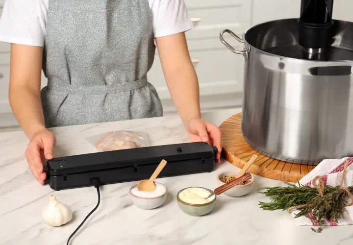 Persona prepara il pollo sottovuoto per la cottura a bassa temperatura, con ingredienti e attrezzatura a portata di mano.