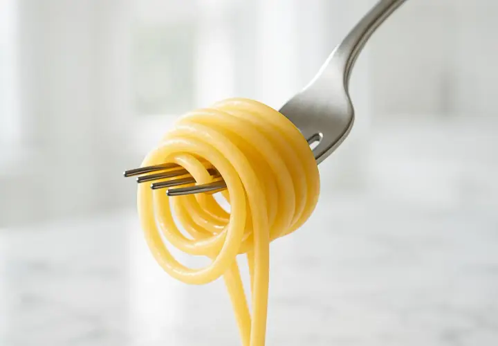 Un gomitolo di pasta di semola avvolto su una forchetta, pronto per essere gustato.