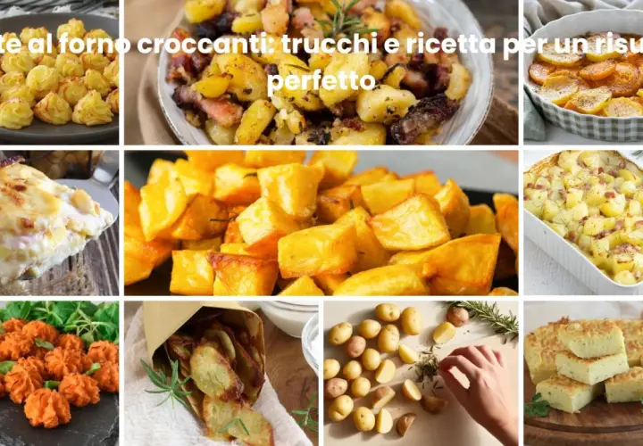 Collage di diverse preparazioni di patate al forno croccanti: patate duchessa, patate con pancetta, patate gratinate e chips.