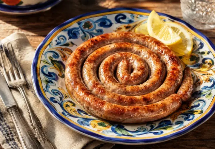 Salsiccia in padella, arrotolata su un piatto decorato, con spicchi di limone.