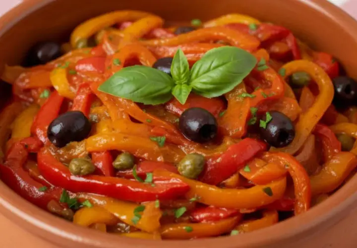 Peperonata ricetta della nonna: un piatto colorato con peperoni, olive nere, capperi e basilico, servito in una ciotola di terracotta.