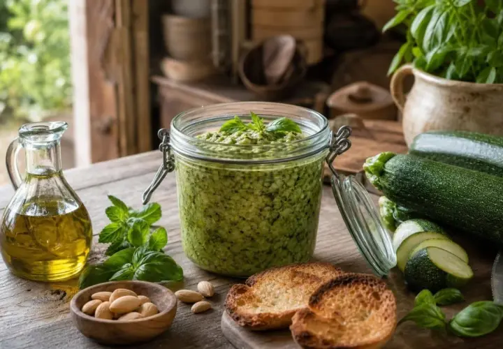 Pesto di zucchine crude in un barattolo, con zucchine fresche, basilico, mandorle, olio d'oliva e crostini.