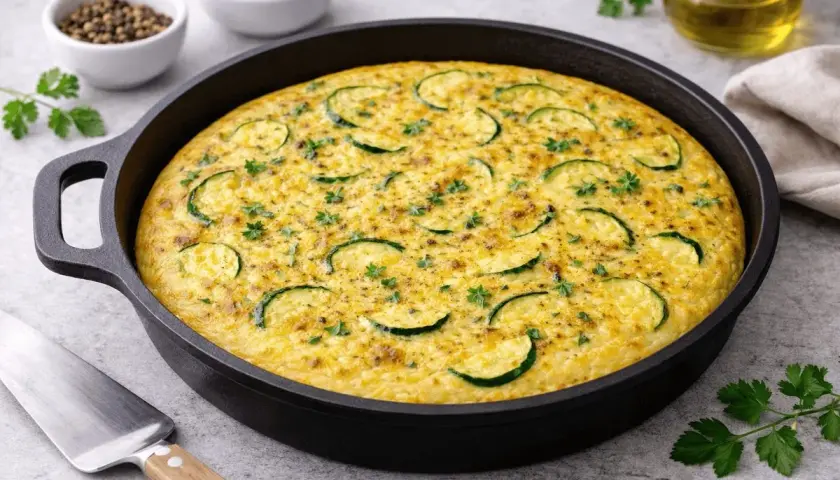 Frittata al forno semplice con zucchine e prezzemolo, pronta per essere gustata.