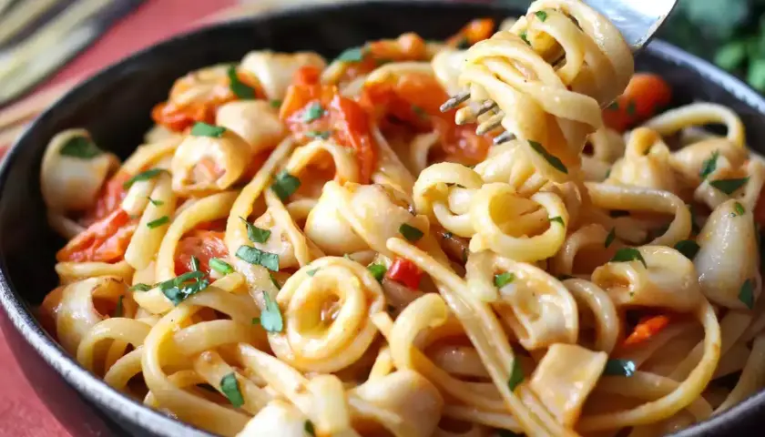 Un primo piatto invitante: pasta con calamari, pomodorini e prezzemolo fresco. Un boccone di mare su un piatto di pasta.