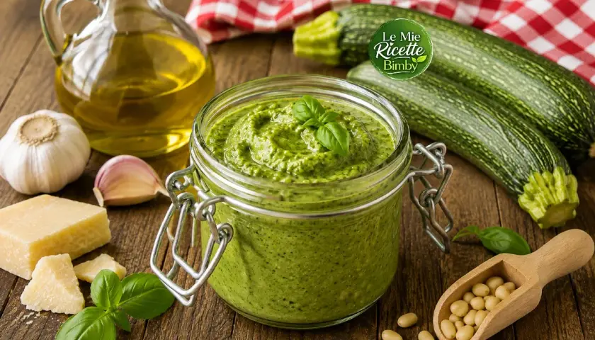 Pesto di zucchine Bimby pronto in un barattolo, con ingredienti freschi come zucchine, basilico, aglio, parmigiano e pinoli.