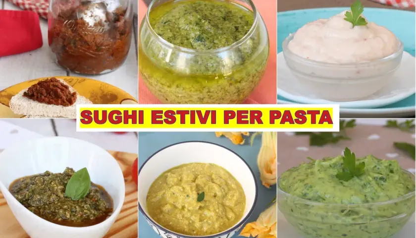 Sei vasetti pieni di freschi condimenti per pasta, tra cui pesto e sughi rossi, pronti per insaporire i tuoi piatti estivi.