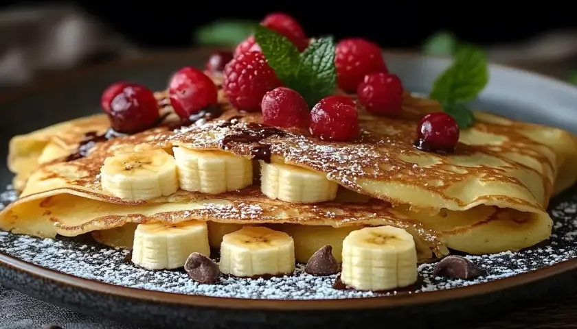Deliziose crepes dolci con banane, lamponi, scaglie di cioccolato e zucchero a velo. Una ricetta perfetta per una colazione speciale.