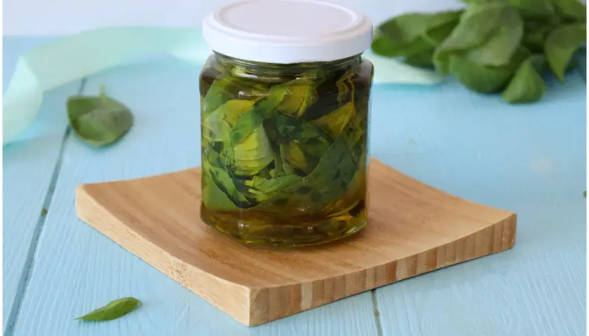 Olio al basilico fatto in casa da Benedetta, un tesoro verde in un barattolo, pronto per insaporire i tuoi piatti.
