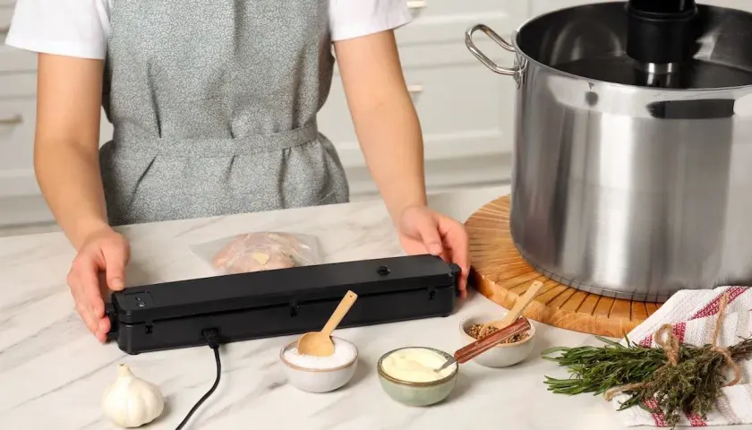 Persona prepara il pollo sottovuoto per la cottura a bassa temperatura, con ingredienti e attrezzatura a portata di mano.