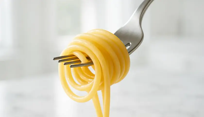 Un gomitolo di pasta di semola avvolto su una forchetta, pronto per essere gustato.
