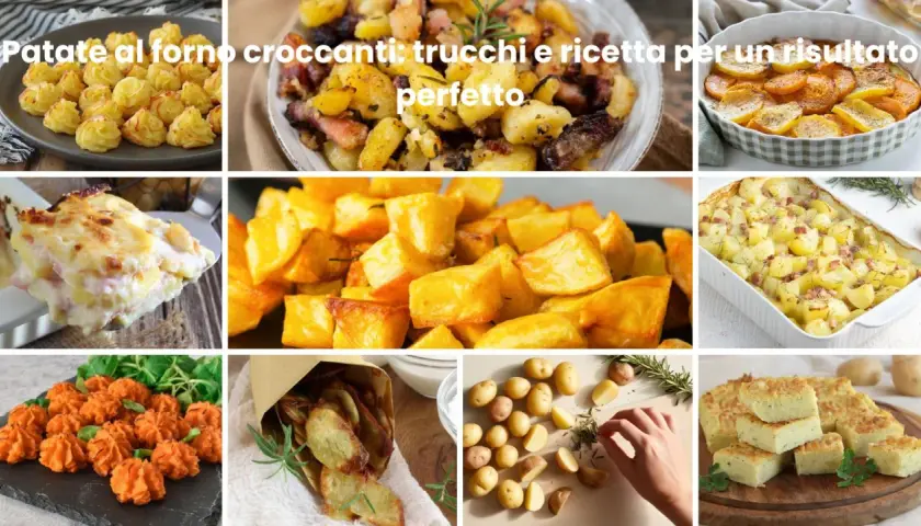 Collage di diverse preparazioni di patate al forno croccanti: patate duchessa, patate con pancetta, patate gratinate e chips.