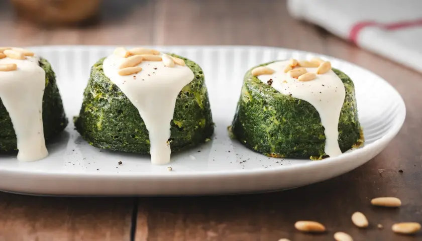 Delizioso flan di verdure servito su un piatto bianco, guarnito con salsa cremosa e pinoli tostati.