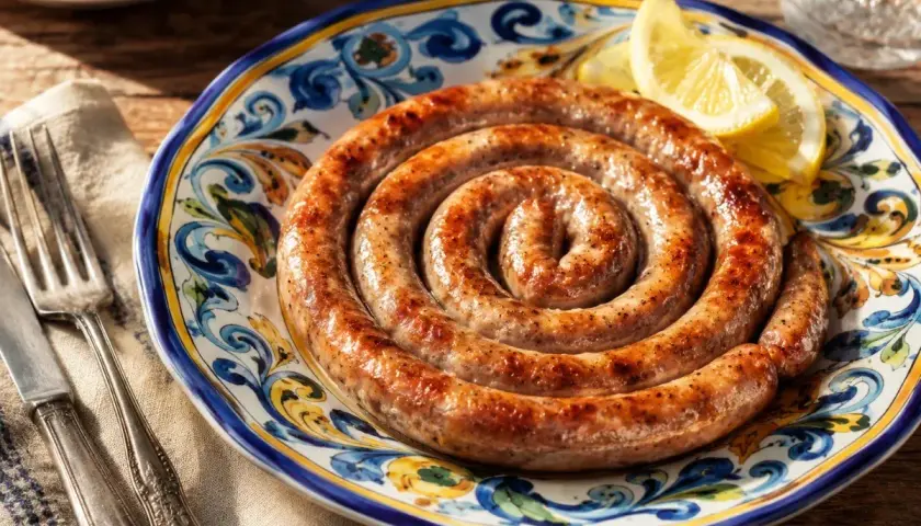 Salsiccia in padella, arrotolata su un piatto decorato, con spicchi di limone.