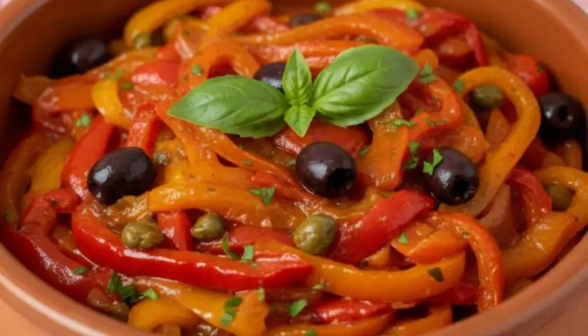 Peperonata ricetta della nonna: un piatto colorato con peperoni, olive nere, capperi e basilico, servito in una ciotola di terracotta.
