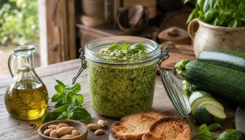 Pesto di zucchine crude in un barattolo, con zucchine fresche, basilico, mandorle, olio d'oliva e crostini.