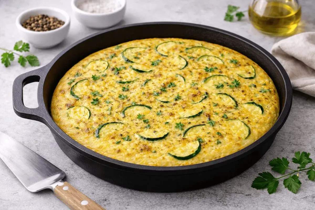 Frittata al forno semplice con zucchine e prezzemolo, pronta per essere gustata.