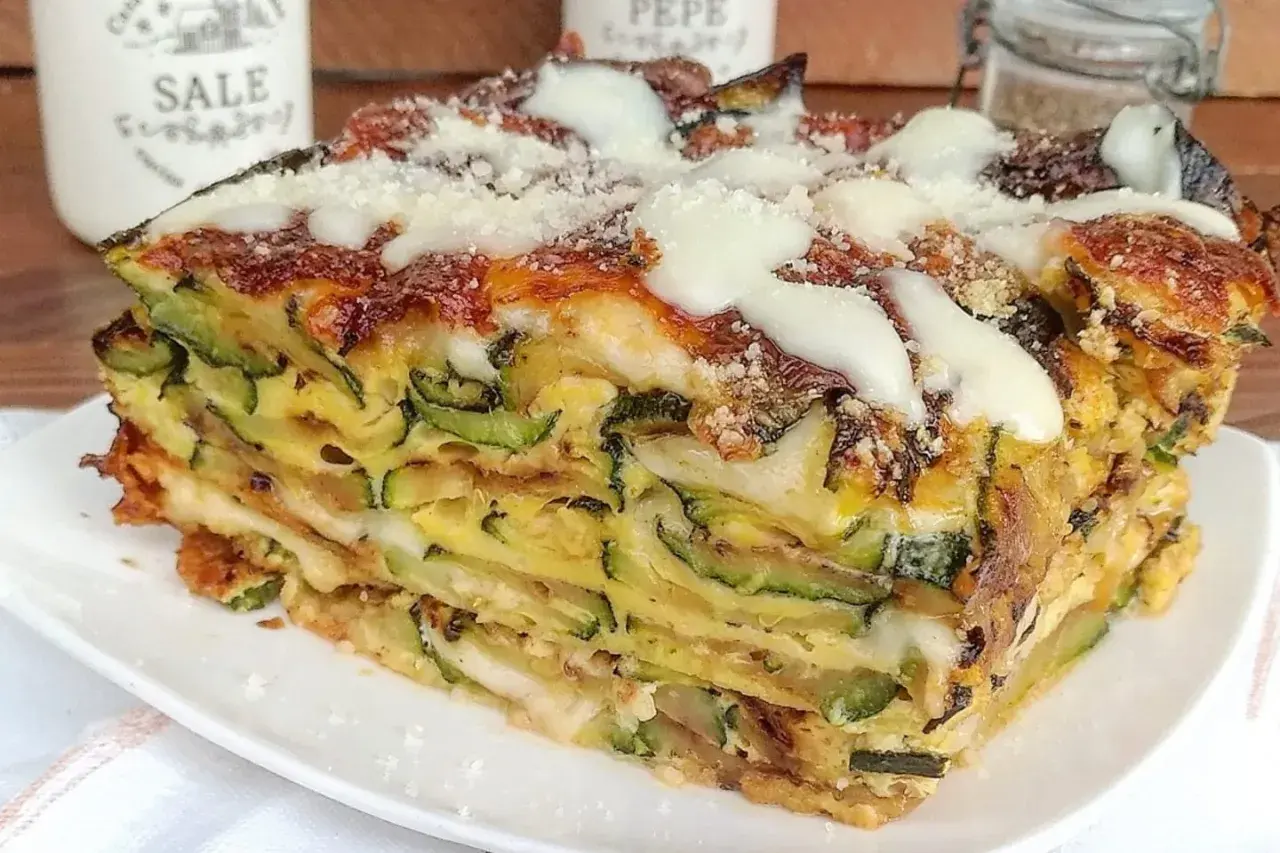 Una fetta di timballo di zucchine stratificato, con formaggio fuso e parmigiano grattugiato, servito su un piatto bianco.