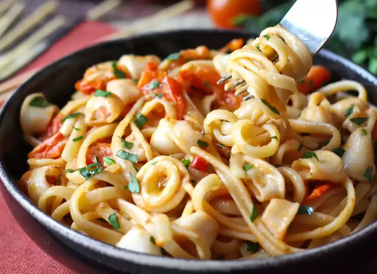 Un primo piatto invitante: pasta con calamari, pomodorini e prezzemolo fresco. Un boccone di mare su un piatto di pasta.
