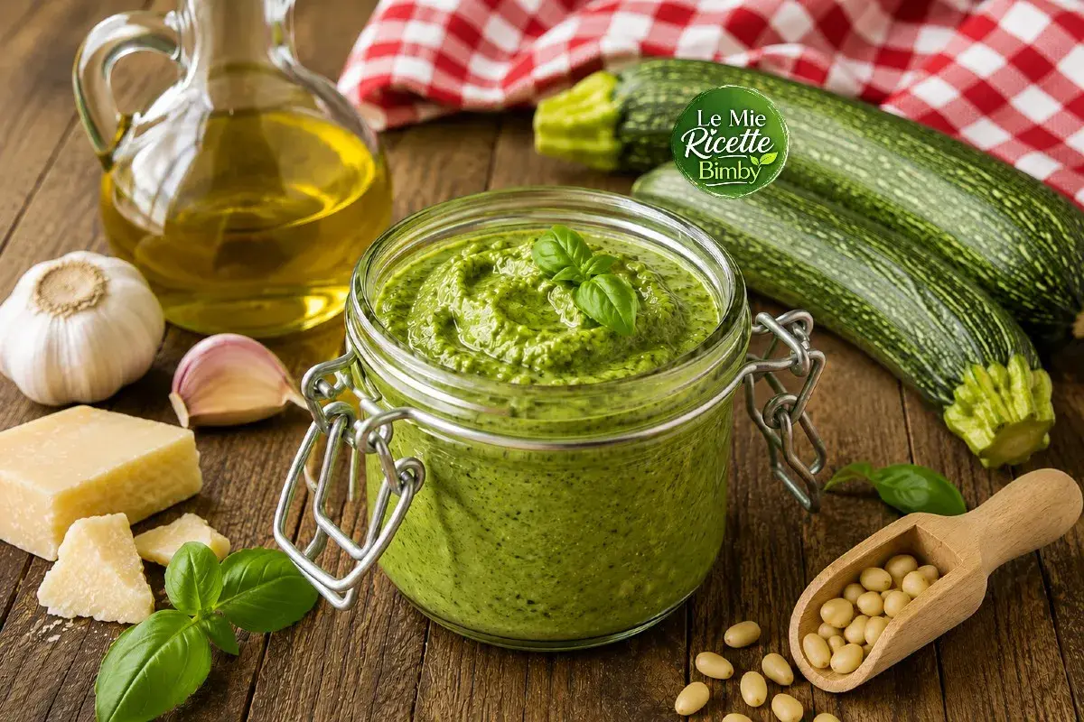Pesto di zucchine Bimby pronto in un barattolo, con ingredienti freschi come zucchine, basilico, aglio, parmigiano e pinoli.