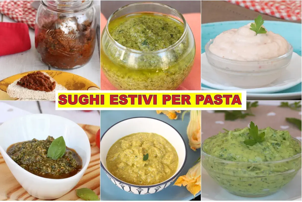 Sei vasetti pieni di freschi condimenti per pasta, tra cui pesto e sughi rossi, pronti per insaporire i tuoi piatti estivi.