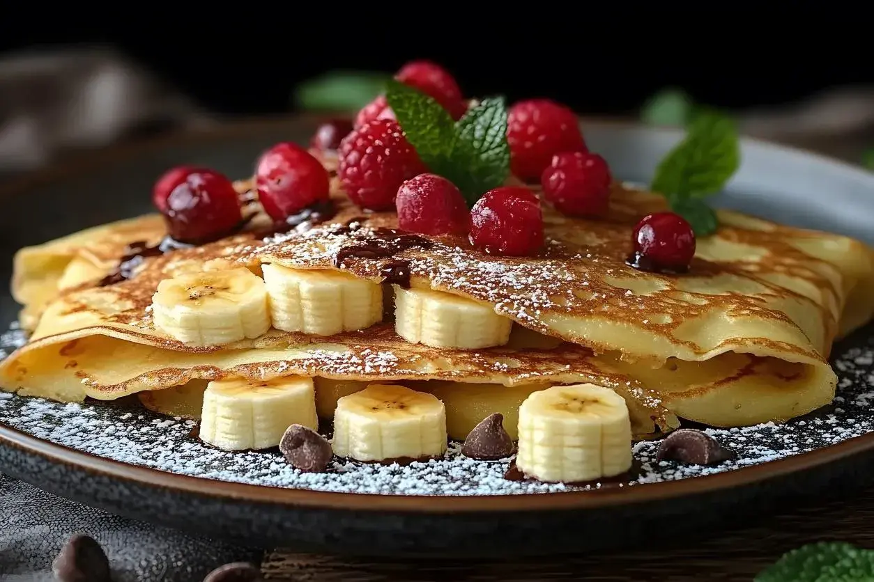 Deliziose crepes dolci con banane, lamponi, scaglie di cioccolato e zucchero a velo. Una ricetta perfetta per una colazione speciale.