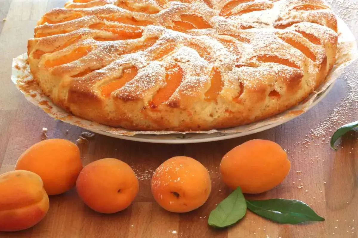 Deliziosa torta di albicocche cosparsa di zucchero a velo, con albicocche fresche sul tavolo.