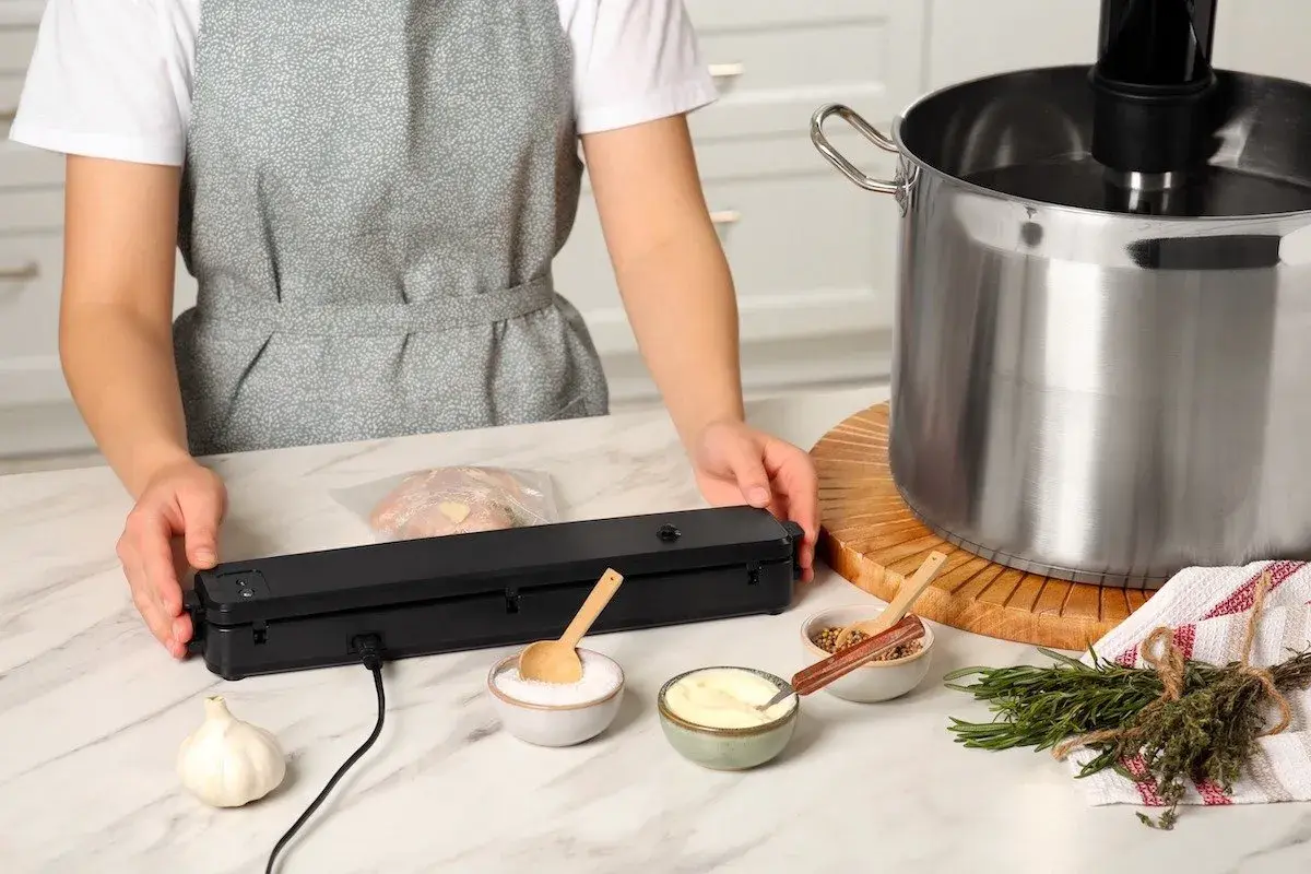 Persona prepara il pollo sottovuoto per la cottura a bassa temperatura, con ingredienti e attrezzatura a portata di mano.