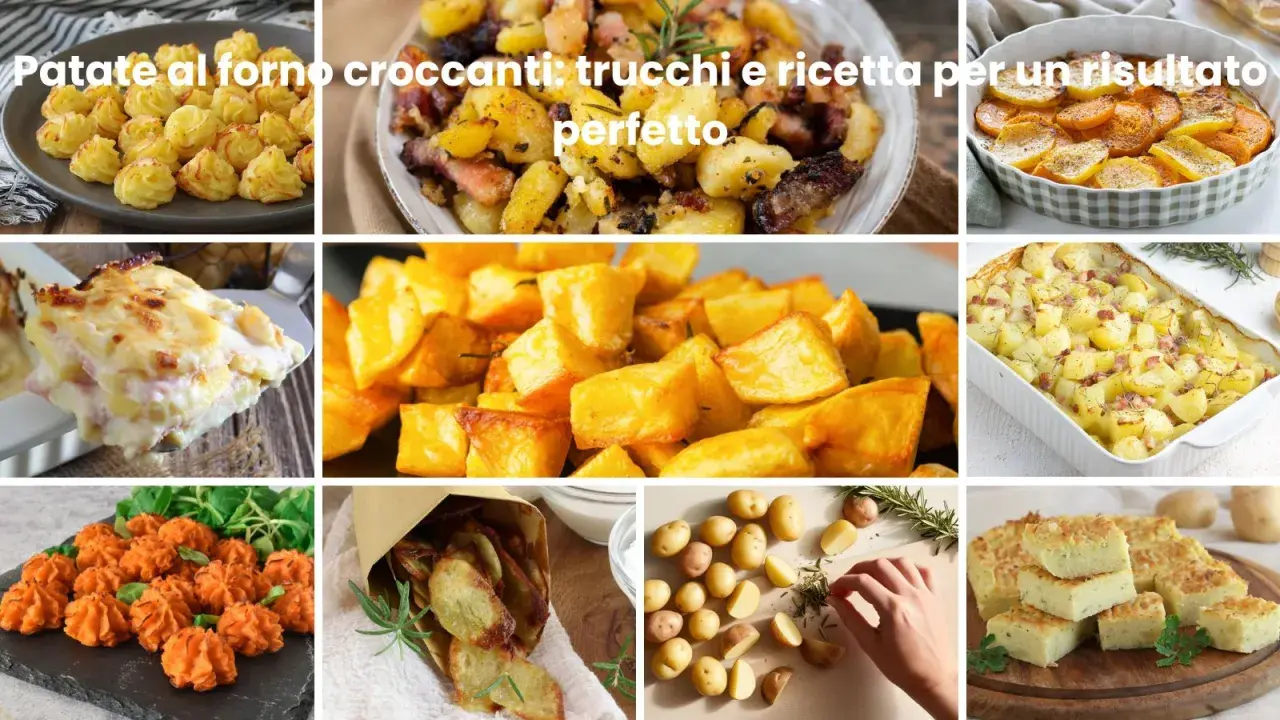 Collage di diverse preparazioni di patate al forno croccanti: patate duchessa, patate con pancetta, patate gratinate e chips.