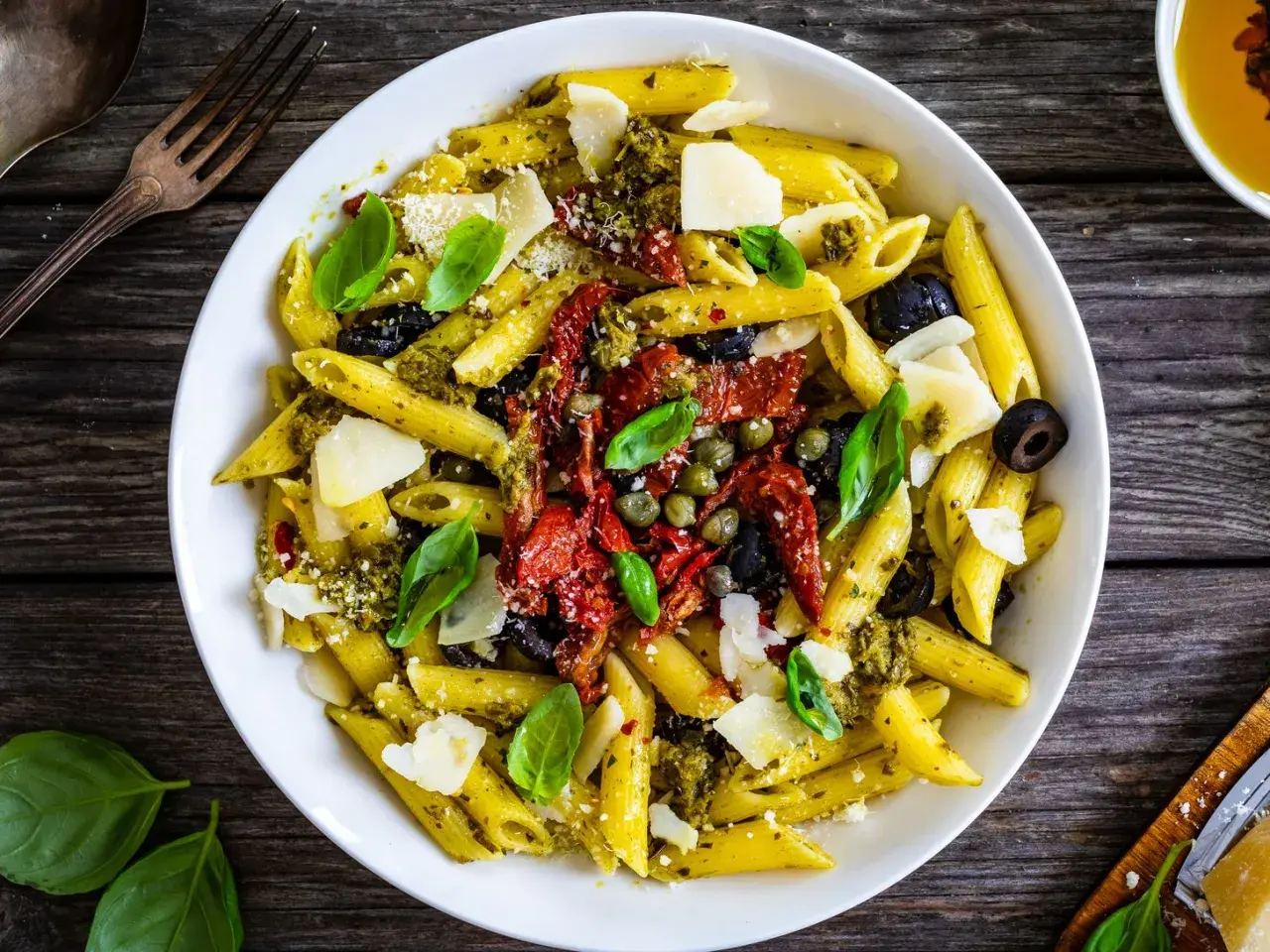 Penne con pesto, pomodori secchi, olive nere, capperi e scaglie di parmigiano. Un piatto ricco di sapori mediterranei.