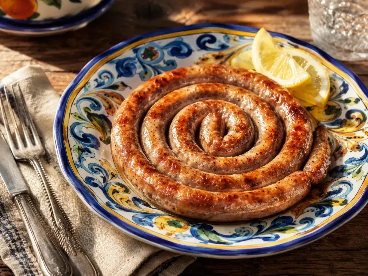 Salsiccia in padella, arrotolata su un piatto decorato, con spicchi di limone.