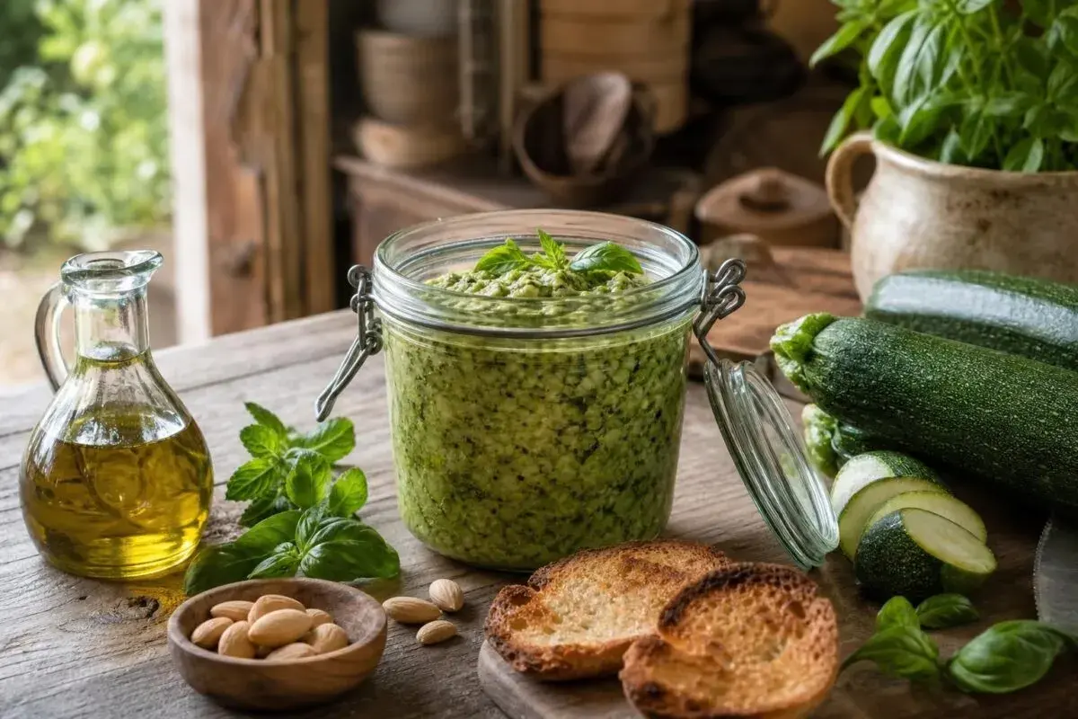 Pesto di zucchine crude in un barattolo, con zucchine fresche, basilico, mandorle, olio d'oliva e crostini.