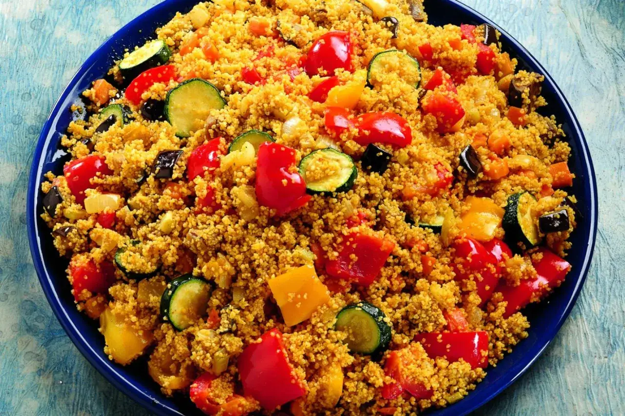 Un piatto colorato di cous cous con verdure miste: peperoni rossi e gialli, zucchine, melanzane e pomodori.